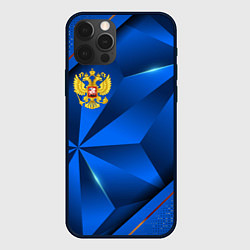 Чехол для iPhone 12 Pro Герб РФ на синем объемном фоне, цвет: 3D-черный