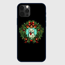 Чехол для iPhone 12 Pro Новый год венок и собака, цвет: 3D-черный