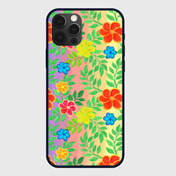 Чехол для iPhone 12 Pro Яркий цветочный узор на радужном фоне, цвет: 3D-черный