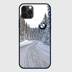 Чехол для iPhone 12 Pro BMW - зимняя дорога через лес, цвет: 3D-черный