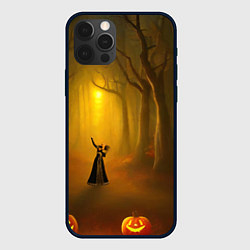 Чехол для iPhone 12 Pro Ведьма в черном платье в заколдованном лесу с тыкв, цвет: 3D-черный