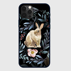 Чехол для iPhone 12 Pro Новогодний кролик - Веточки и цветочки, цвет: 3D-черный