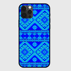 Чехол для iPhone 12 Pro Сине-голубые узоры - вышивка, цвет: 3D-черный
