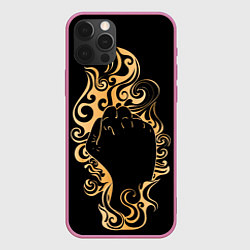 Чехол для iPhone 12 Pro Поднятый вверх кулак, окруженный золотым пламенем, цвет: 3D-малиновый