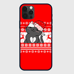 Чехол для iPhone 12 Pro Котик новогодний - Свитер с оленями, цвет: 3D-черный