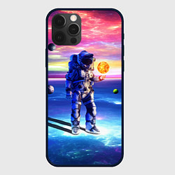 Чехол для iPhone 12 Pro Космонавт среди планет в виртуальной вселенной, цвет: 3D-черный