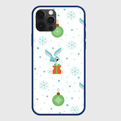 Чехол для iPhone 12 Pro Кролик с подарком и новогодними шариками, цвет: 3D-тёмно-синий