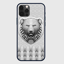 Чехол для iPhone 12 Pro Медведь чёрно-белый барельеф с этническим орнамент, цвет: 3D-черный