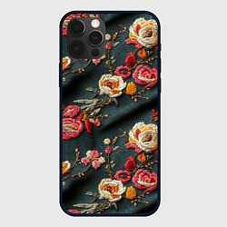Чехол для iPhone 12 Pro Эффект вышивки разные цветы, цвет: 3D-черный