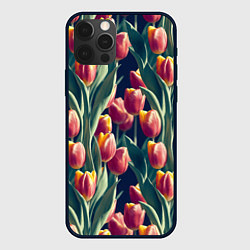 Чехол для iPhone 12 Pro Много тюльпанов, цвет: 3D-черный