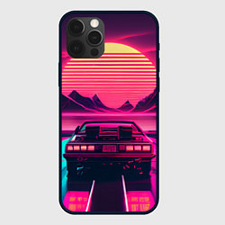 Чехол для iPhone 12 Pro Синтвейв закат и автомобиль, цвет: 3D-черный