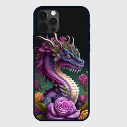 Чехол для iPhone 12 Pro Неоновый дракон с цветами, цвет: 3D-черный