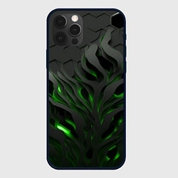 Чехол для iPhone 12 Pro Объемные черные и зеленые линии, цвет: 3D-черный