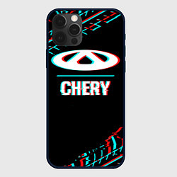 Чехол для iPhone 12 Pro Значок Chery в стиле glitch на темном фоне, цвет: 3D-черный