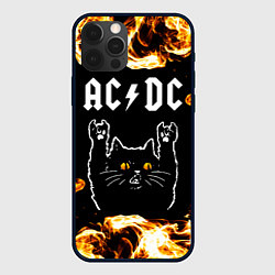 Чехол для iPhone 12 Pro AC DC рок кот и огонь, цвет: 3D-черный