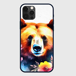 Чехол для iPhone 12 Pro Морда медведя гризли с цветами акварелью, цвет: 3D-черный