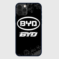 Чехол для iPhone 12 Pro BYD speed на темном фоне со следами шин, цвет: 3D-черный