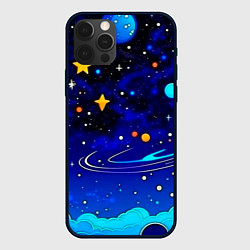 Чехол для iPhone 12 Pro Мультяшный космос темно-синий, цвет: 3D-черный