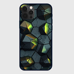 Чехол iPhone 12 Pro Черная текстура с зелеными камнями