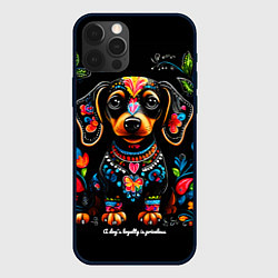 Чехол для iPhone 12 Pro Такса с цветами и узорами, цвет: 3D-черный