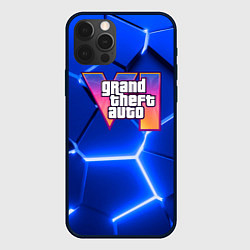 Чехол для iPhone 12 Pro GTA 6 лого на фоне разлома синих плит, цвет: 3D-черный