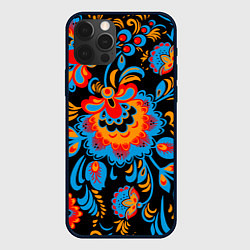 Чехол для iPhone 12 Pro Хохломская роспись разноцветные цветы на чёроном ф, цвет: 3D-черный