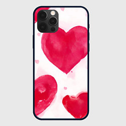 Чехол для iPhone 12 Pro Акварельные красные сердечки, цвет: 3D-черный
