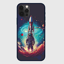 Чехол для iPhone 12 Pro Космонавт и ракета в космосе, цвет: 3D-черный