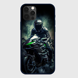 Чехол для iPhone 12 Pro Мотоциклист на спортивном байке черный фон, цвет: 3D-черный