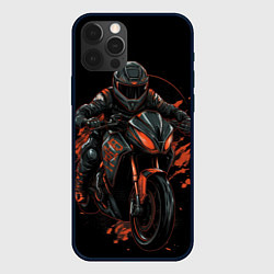 Чехол для iPhone 12 Pro Мотоциклист оранжевые кляксы, цвет: 3D-черный