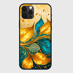 Чехол для iPhone 12 Pro Листья абстрактные золото и бирюза, цвет: 3D-черный