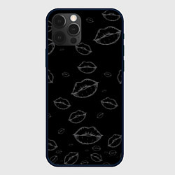 Чехол для iPhone 12 Pro Паттерн серый контур губ на чёрном - lips black, цвет: 3D-черный