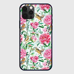 Чехол для iPhone 12 Pro Пионы и зеленушка, цвет: 3D-черный
