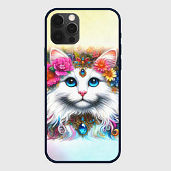 Чехол для iPhone 12 Pro Белый кот с голубыми глазами в цветах, цвет: 3D-черный