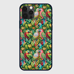 Чехол для iPhone 12 Pro Влюбленные попугаи в листьях, цвет: 3D-черный