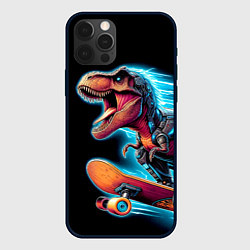 Чехол для iPhone 12 Pro Cool Dino on a skateboard - neon glow fantasy, цвет: 3D-черный