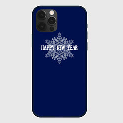 Чехол iPhone 12 Pro Happy New Year синий со снежинкой