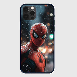 Чехол для iPhone 12 Pro Spider man на фоне снегопада, цвет: 3D-черный