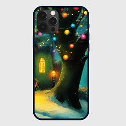 Чехол для iPhone 12 Pro Новогоднее дерево и фонарики, цвет: 3D-черный