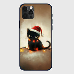 Чехол для iPhone 12 Pro Черный котик в гирлянде, цвет: 3D-черный