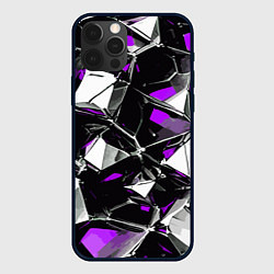 Чехол для iPhone 12 Pro Фиолетово-белый паттерн на чёрном фоне, цвет: 3D-черный
