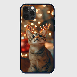 Чехол для iPhone 12 Pro Котик с новогодними рожками, цвет: 3D-черный