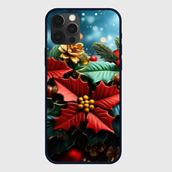 Чехол для iPhone 12 Pro Новогодние цветы и шишки, цвет: 3D-черный