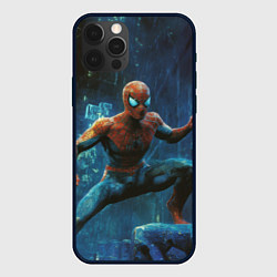 Чехол для iPhone 12 Pro Человек - паук в ночном городе, цвет: 3D-черный