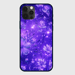 Чехол для iPhone 12 Pro Цветочный индиго с искрами, цвет: 3D-черный
