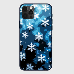 Чехол для iPhone 12 Pro Стилизованный паттерн со снежинками тёмно-синий, цвет: 3D-черный