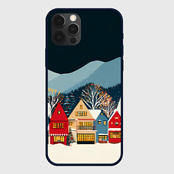 Чехол для iPhone 12 Pro Новогодний городок в горах, цвет: 3D-черный
