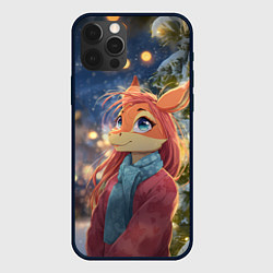 Чехол для iPhone 12 Pro Рыжая лошадка на фоне Нового года, цвет: 3D-черный