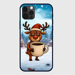 Чехол для iPhone 12 Pro Уставший новогодний олень с кофе, цвет: 3D-черный
