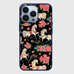 Чехол для iPhone 13 Pro Лошади и цветы, цвет: 3D-тёмно-синий